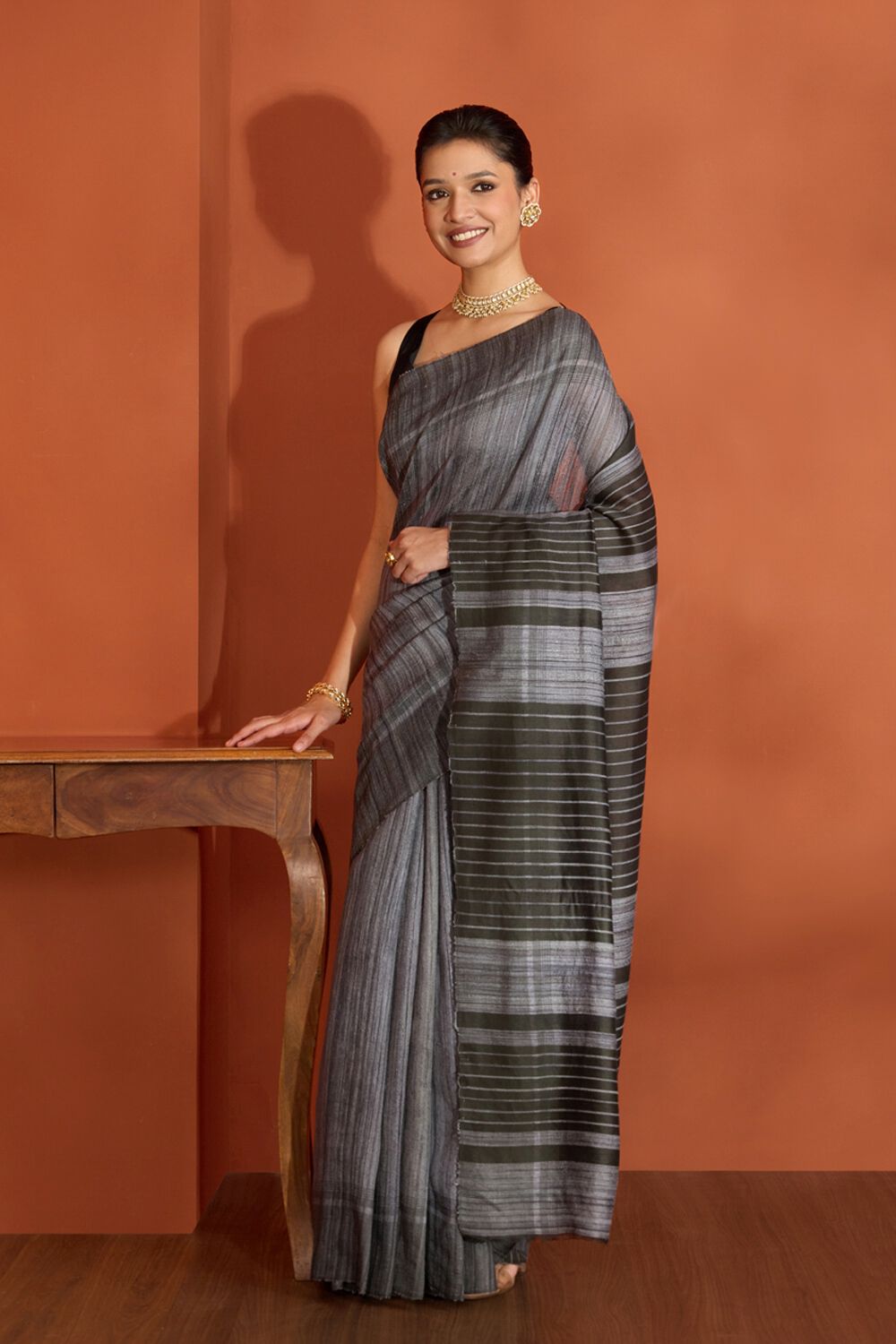 Grey Bhagalpur Woven Pure Tussar Silk Saree image number null