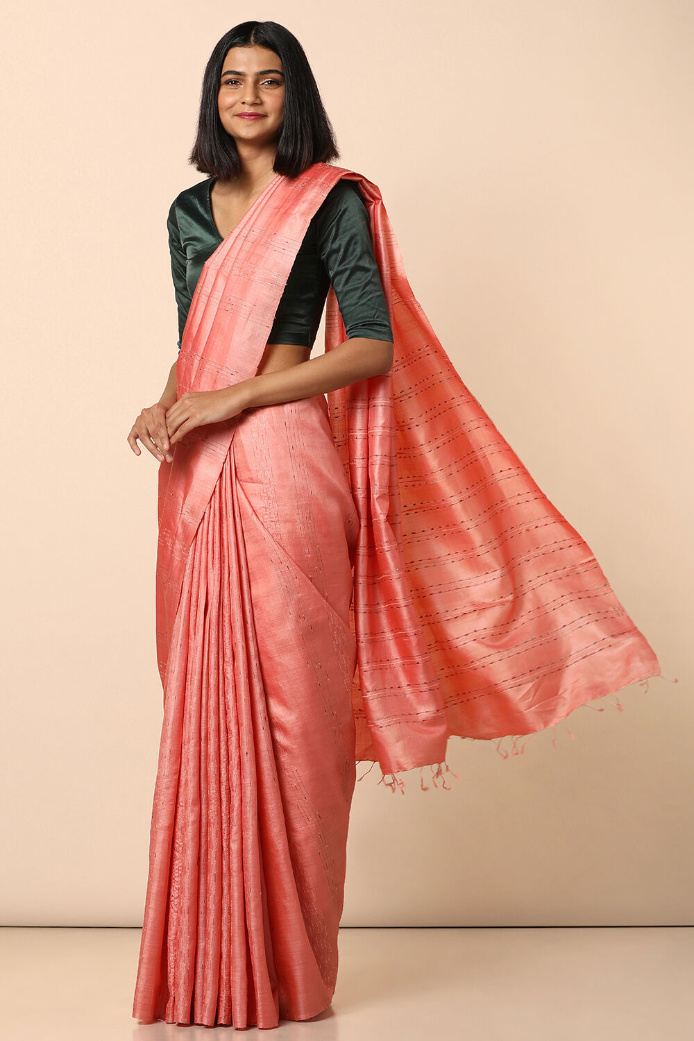 Light Orange Pure Tussar Silk Woven Saree image number null