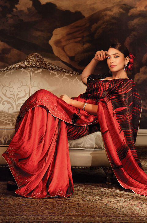 Red Hand Painted Tussar Saree