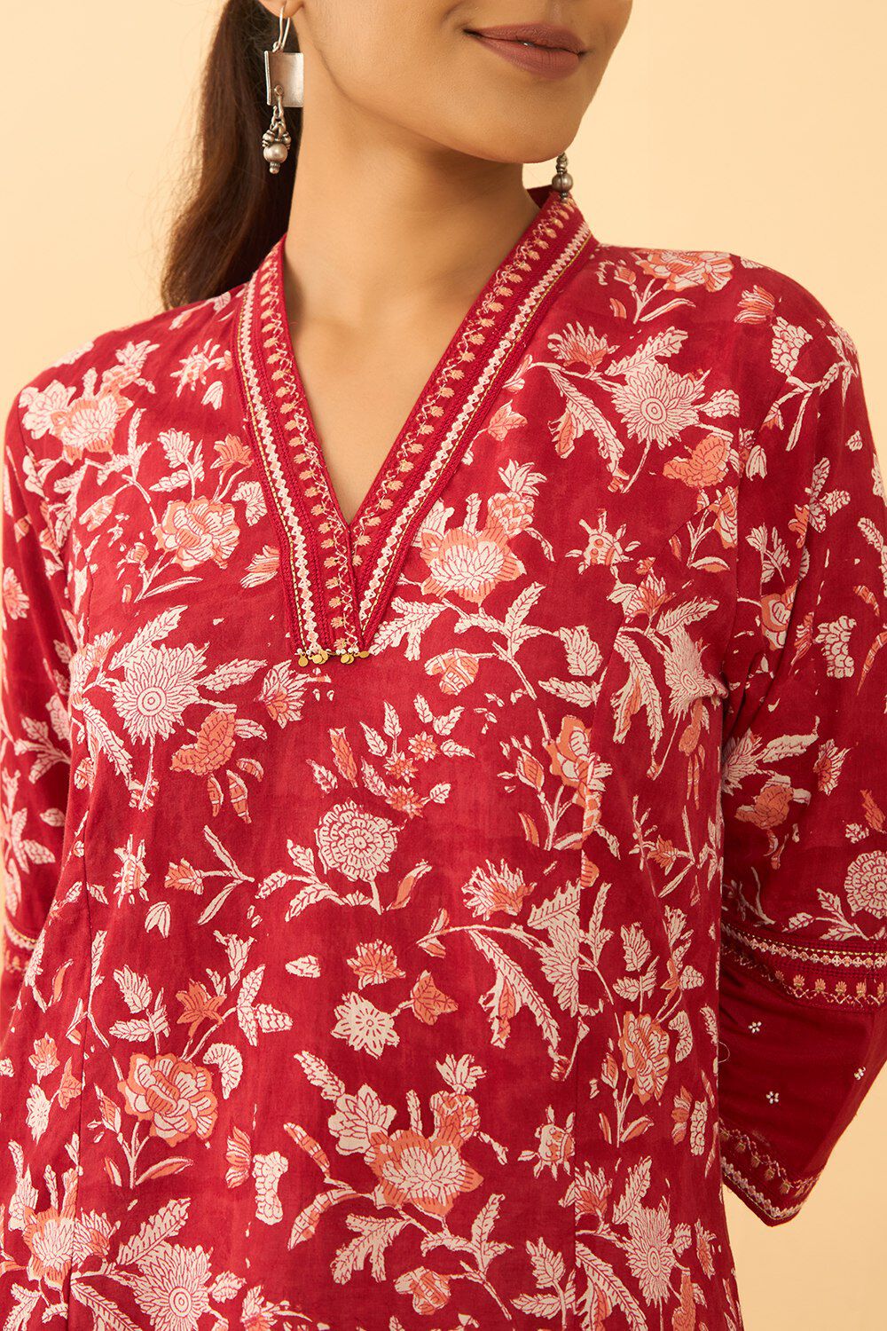 Red Pure Cotton Printed Sanganeri Kurta image number null