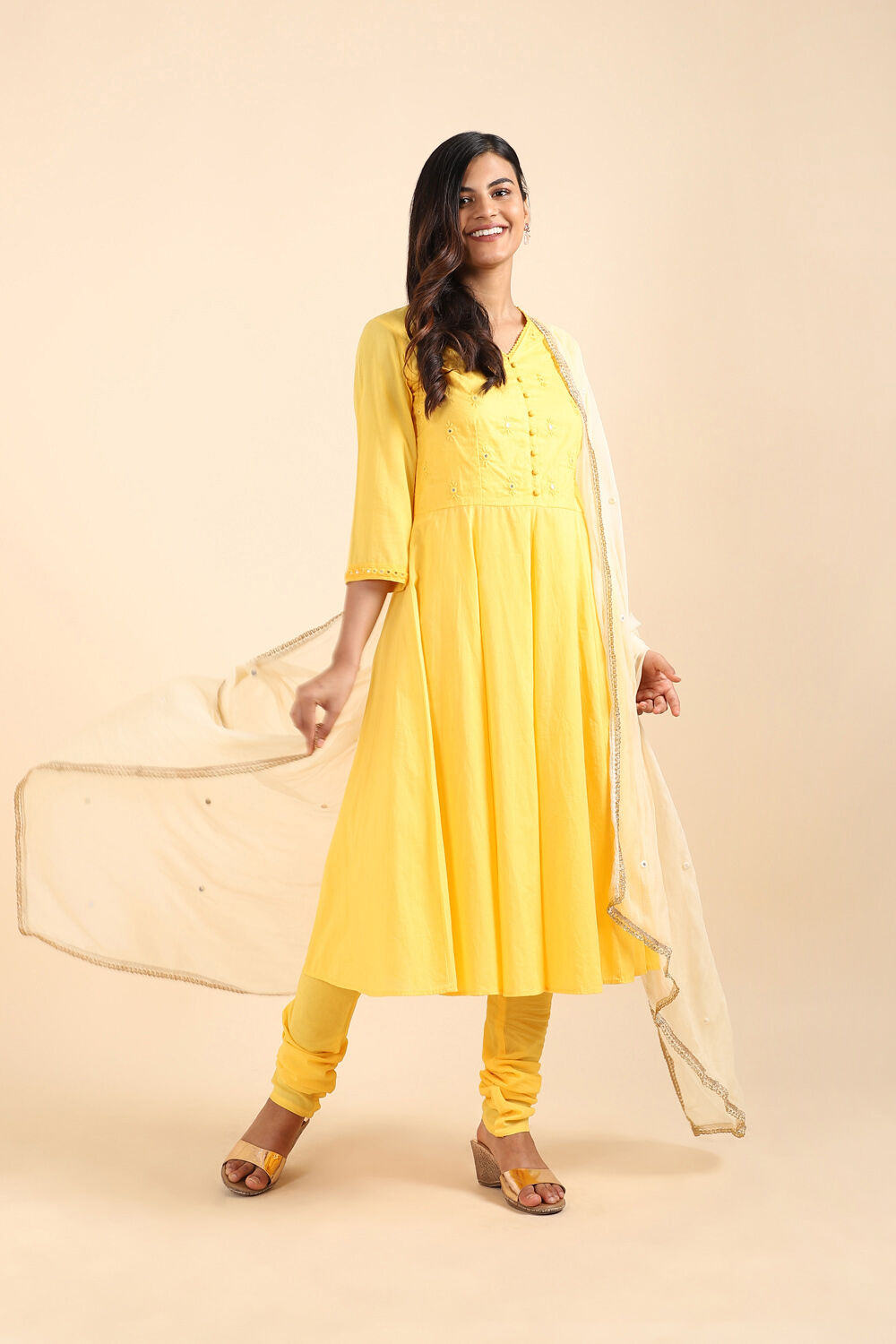 Yellow Cotton Mirror embroidered Kurta Set image number null
