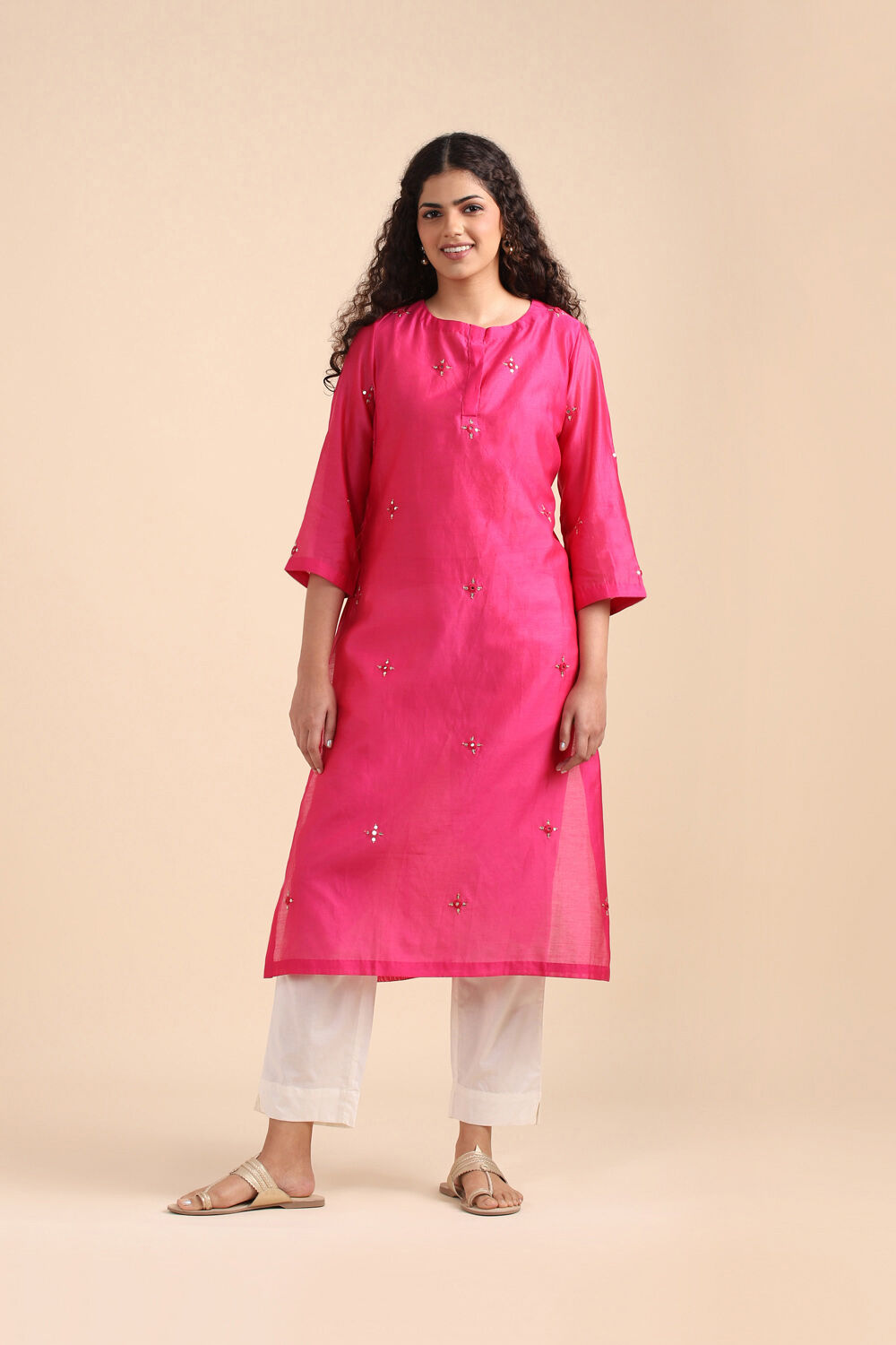 Pink Silk Cotton Embroidered Kurta image number null
