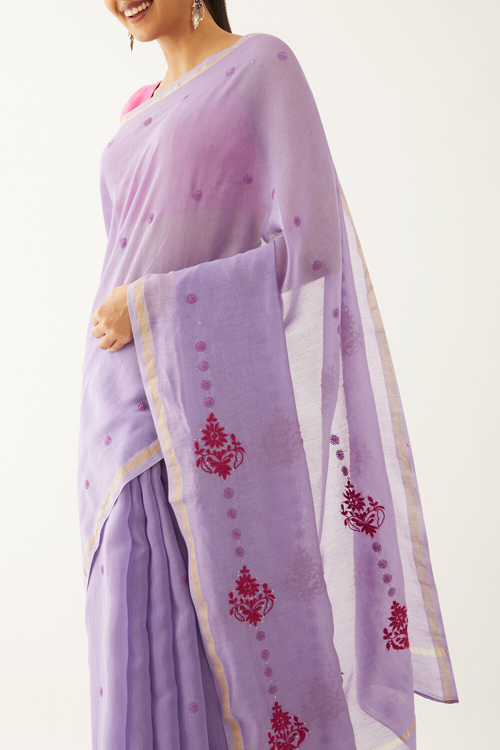 Violet Pure Silk Cotton Chikankari Embroidery Saree image number null