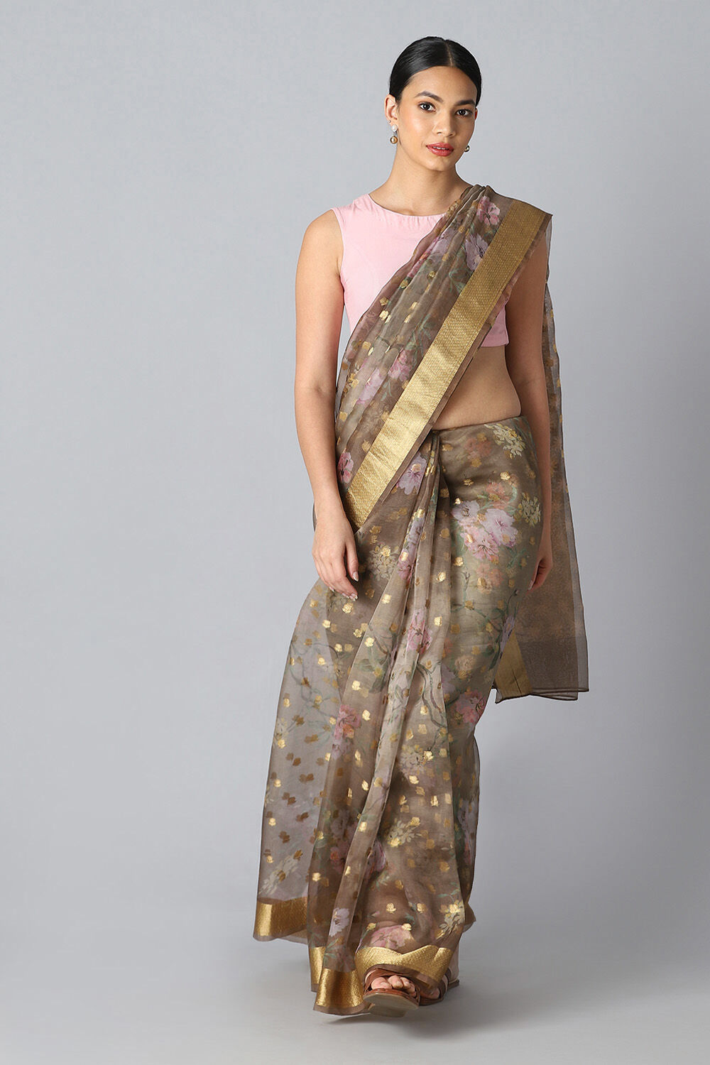 Brown Pure Organza Digital Printed Saree image number null