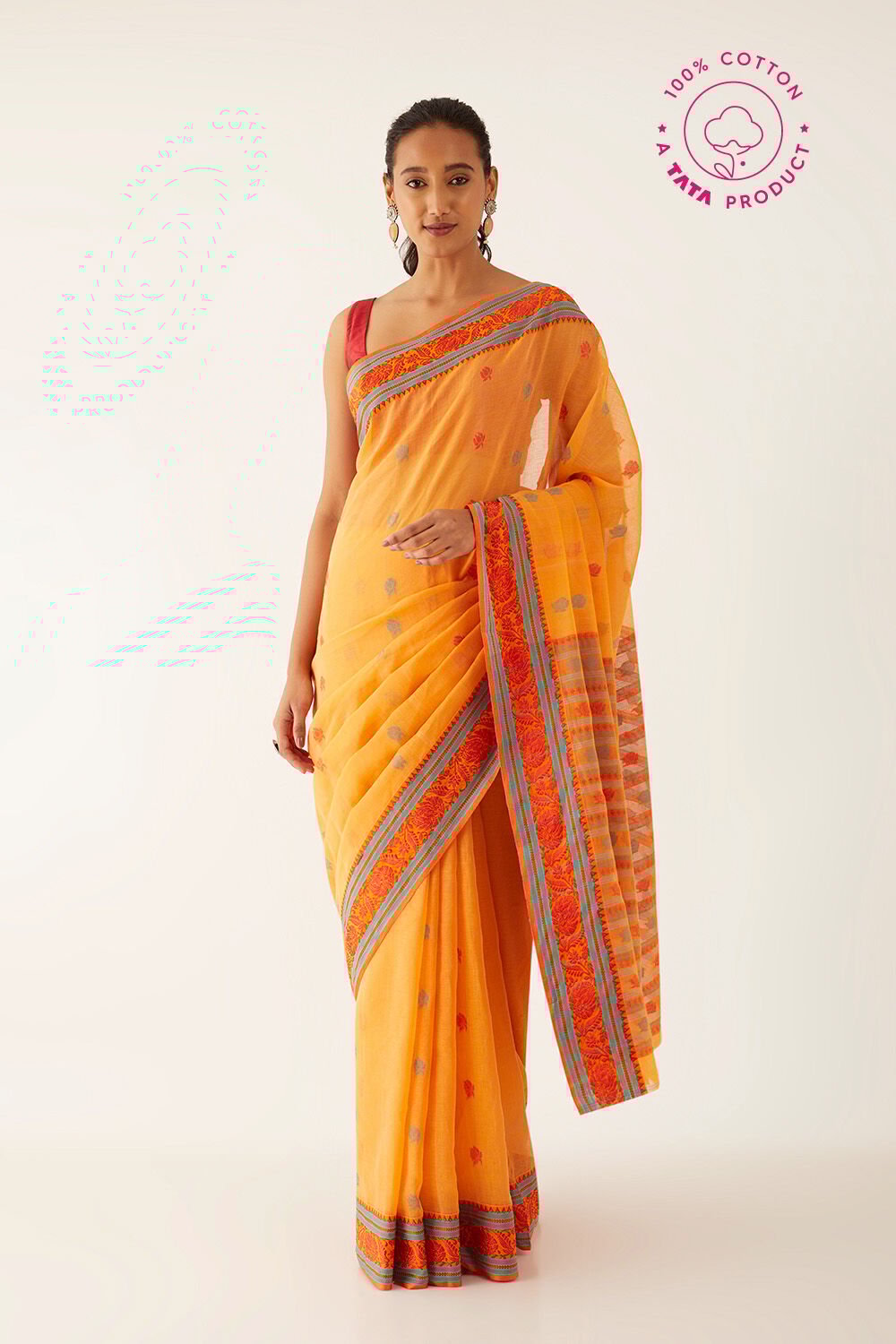 Orange Pure Cotton Jamdani Bengali Saree image number null