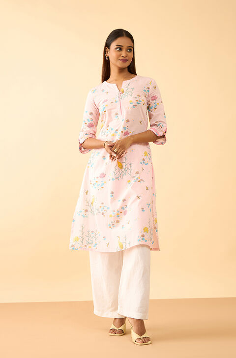 Light Pink Screen Printed Pure Cotton Kurta