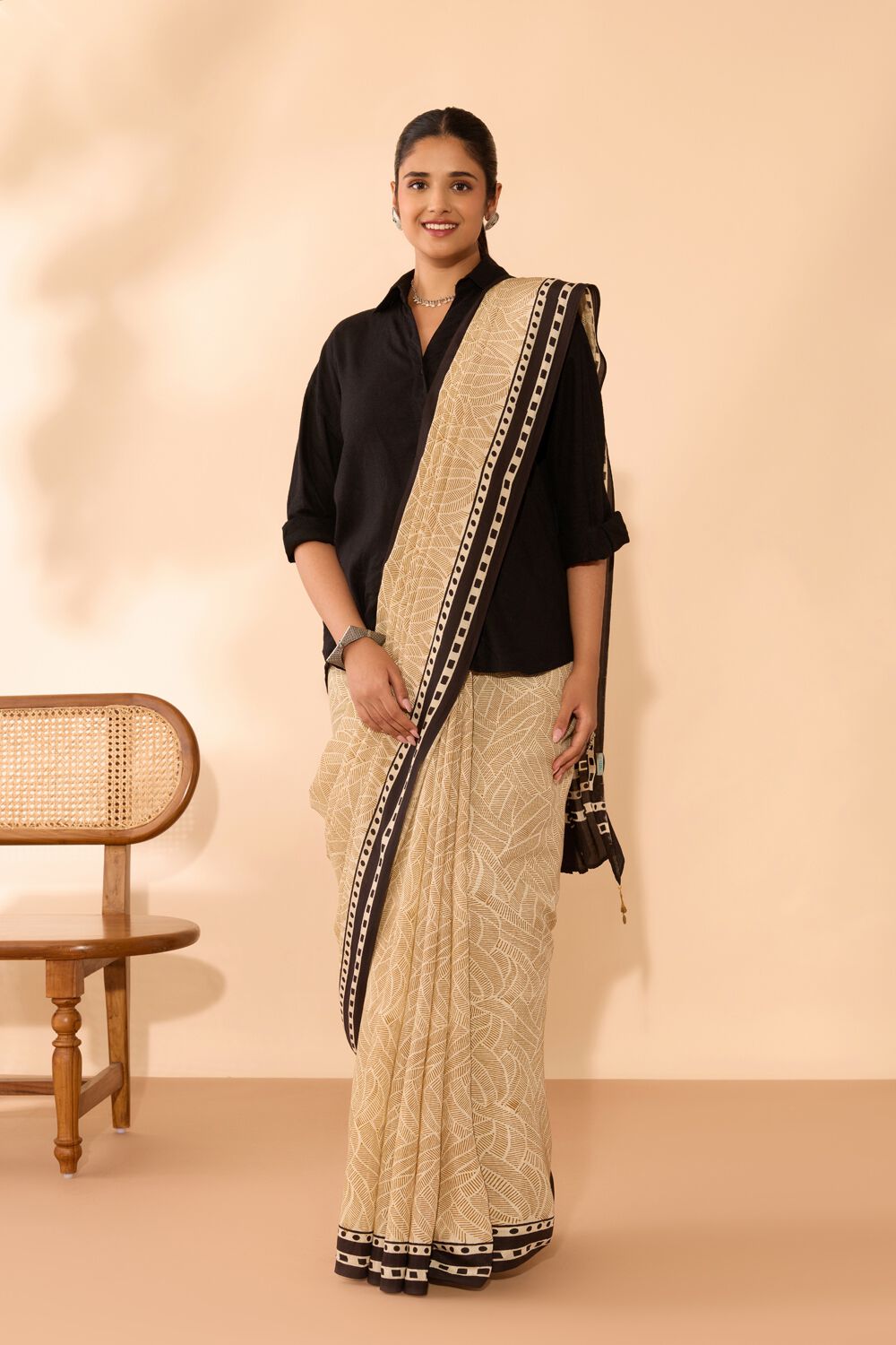 Beige Bagru Viscose Bagru Block Printed Saree image number null