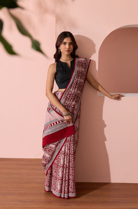 Red Bagh Block Printed Pure Cotton Saree