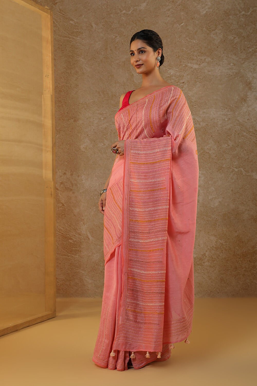 Pink Pure Silk Cotton Kantha Embroidered Bengal Saree image number null