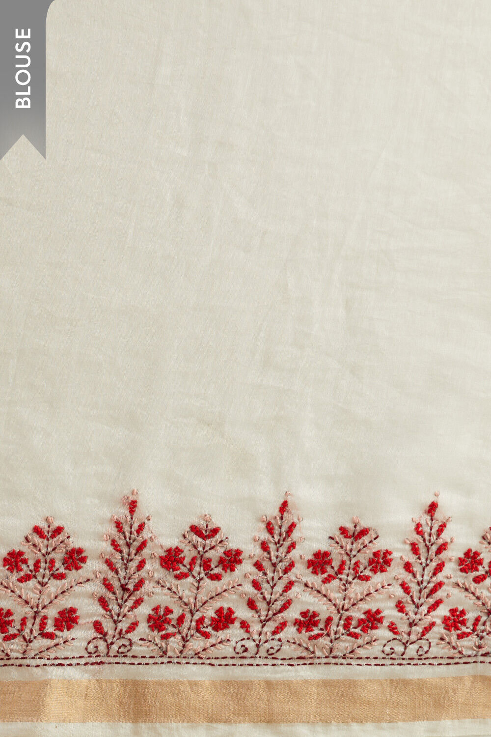 Off White Kantha Embroidered Pure Silk Linen Bengal Saree image number null