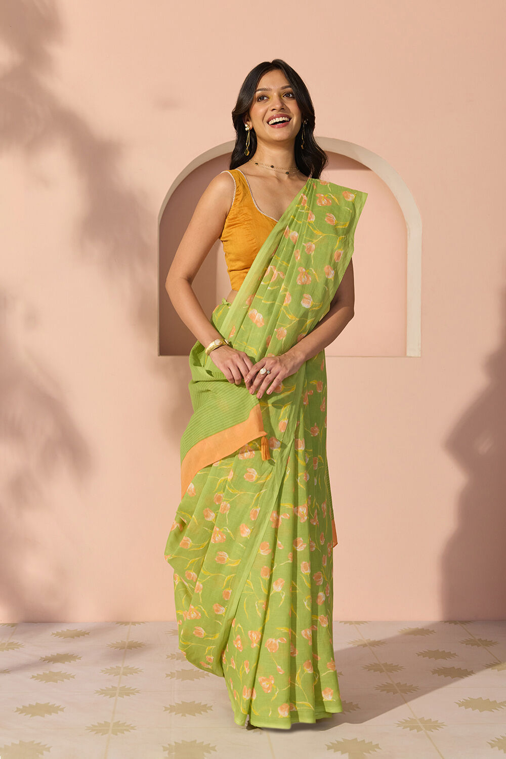 Light Green Bengal Screen Printed Pure Cotton Mulmul Saree image number null