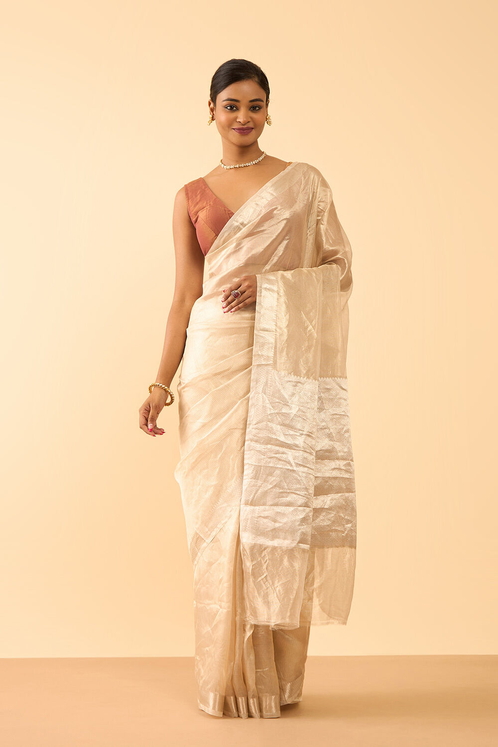 Off White Pure Tissue Organza Woven Banaras Saree image number null