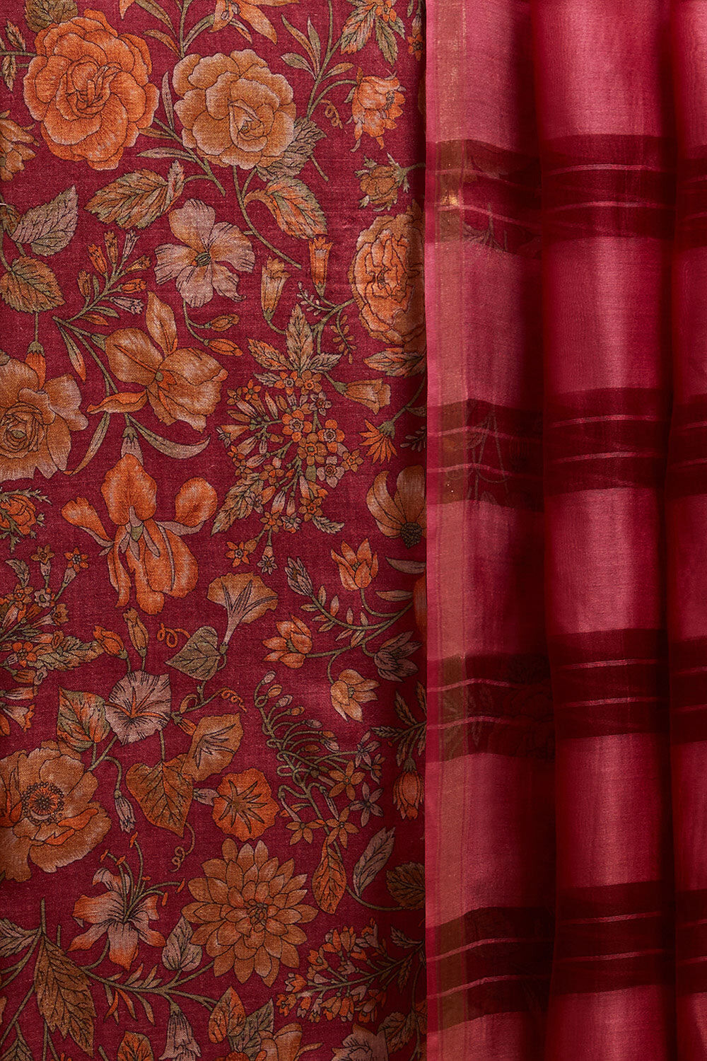 Red Screen Printed Pure Tussar Silk Unstitched Suit Set image number null