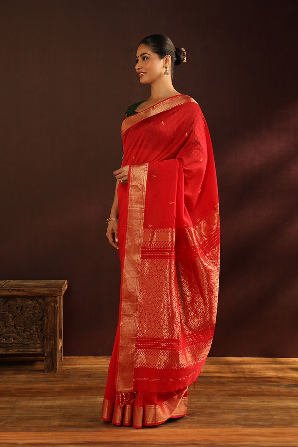 Dark Red Pure Silk Cotton Woven Maheswari Saree image number null