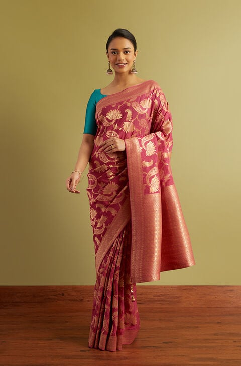 Pink Woven Viscose Luxe Saree