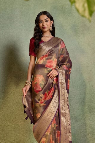 Purple Printed Viscose Tissue Saree image number