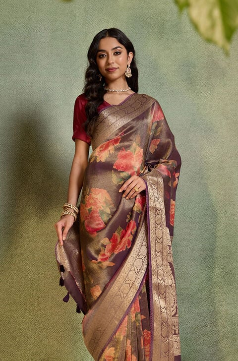 Purple Printed Viscose Tissue Saree