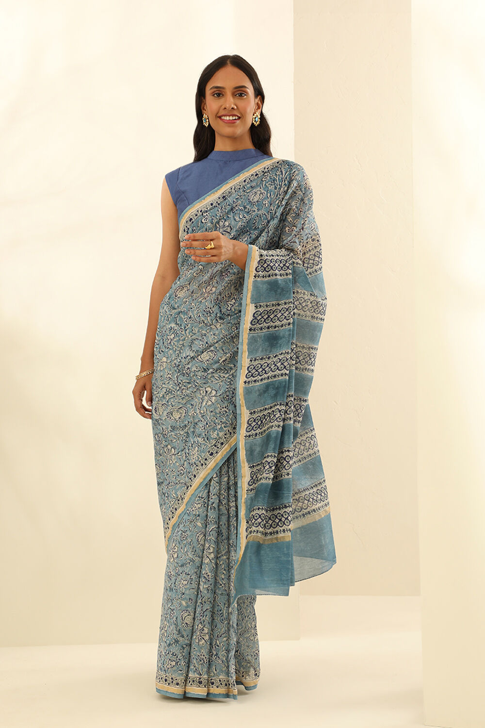 Light Blue Pure Silk Cotton Bagru Block Printed Saree image number null