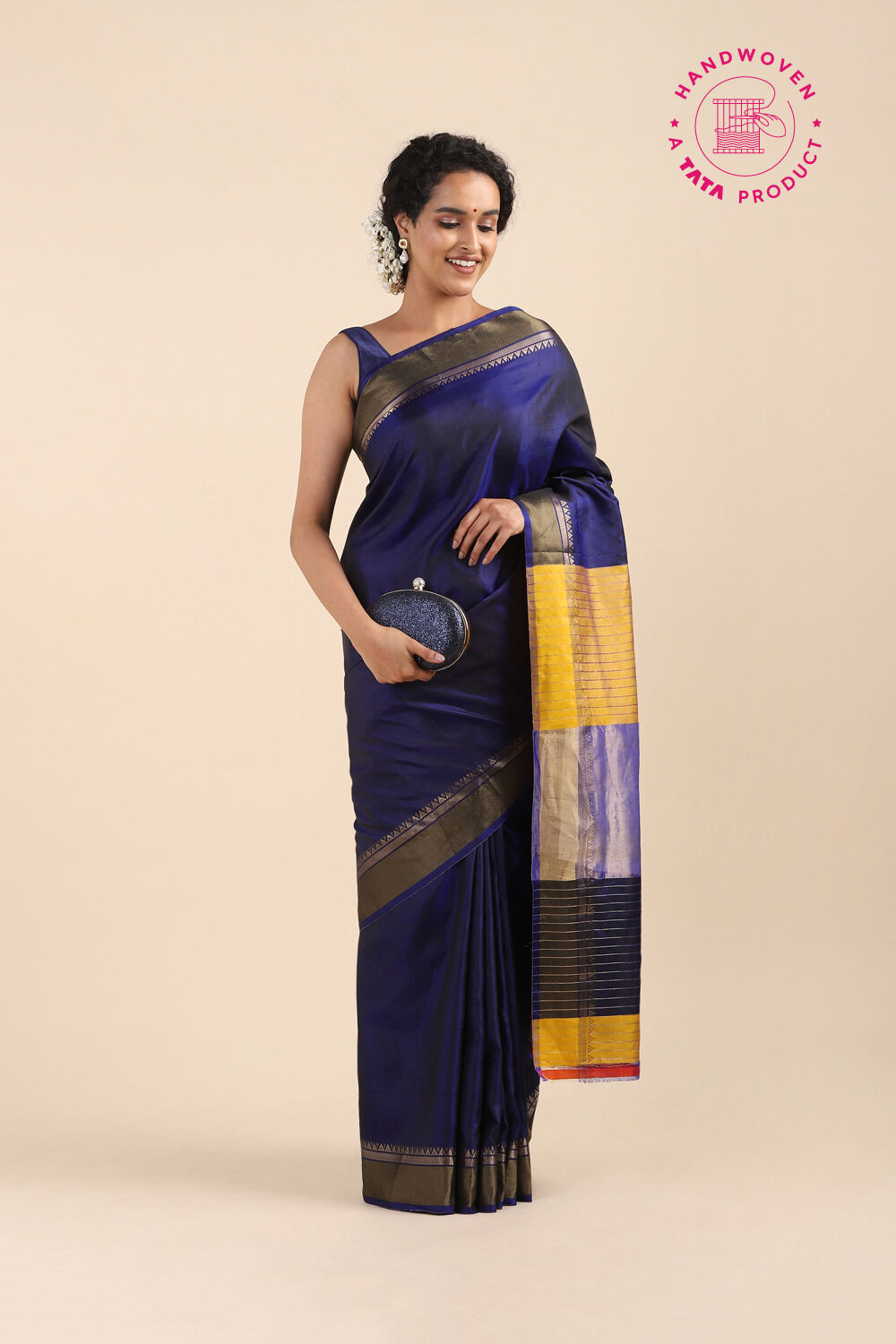 Dark Blue Pure Silk Woven Saree image number null