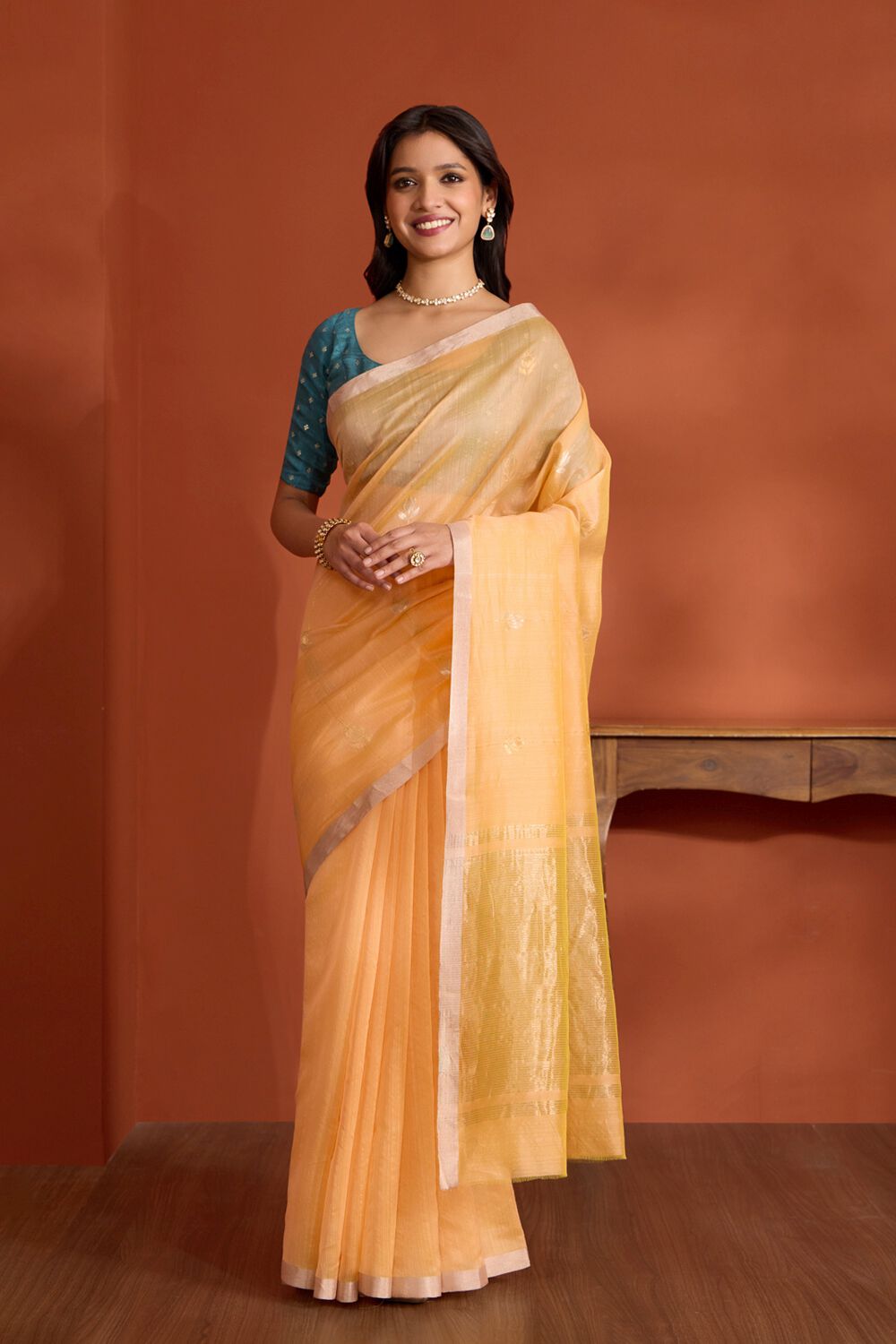 Light Orange Pure Silk Cotton Chanderi Woven Saree image number null