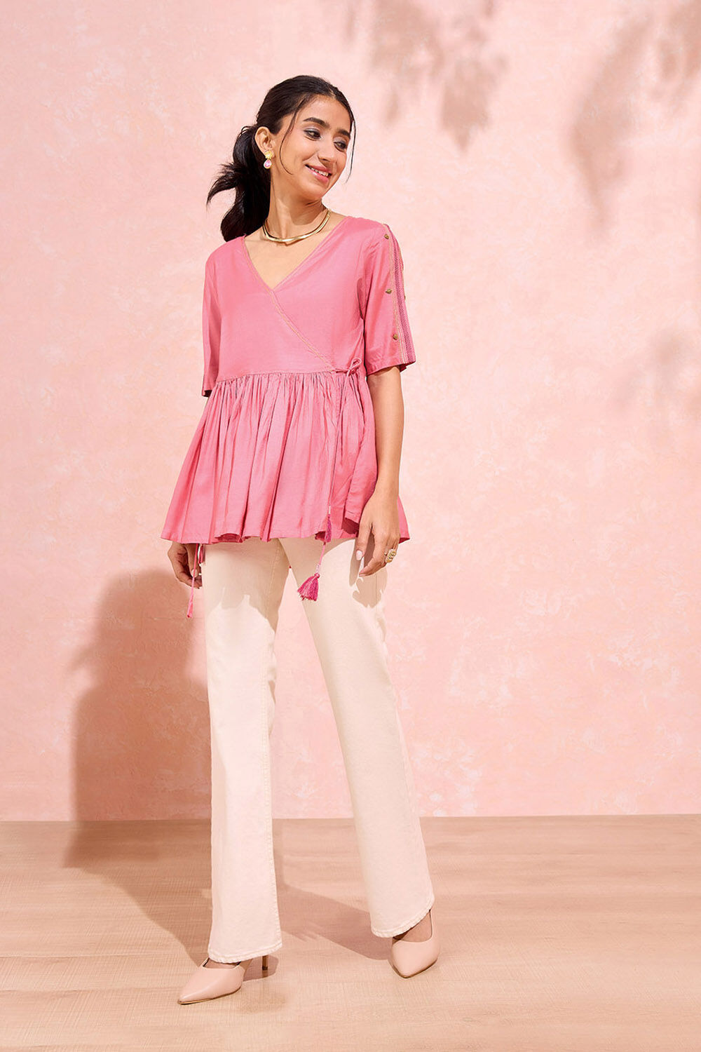 Light Pink Viscose Embroidered Short Top image number null