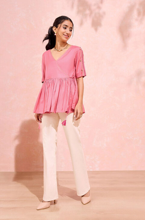 Light Pink Viscose Embroidered Short Top