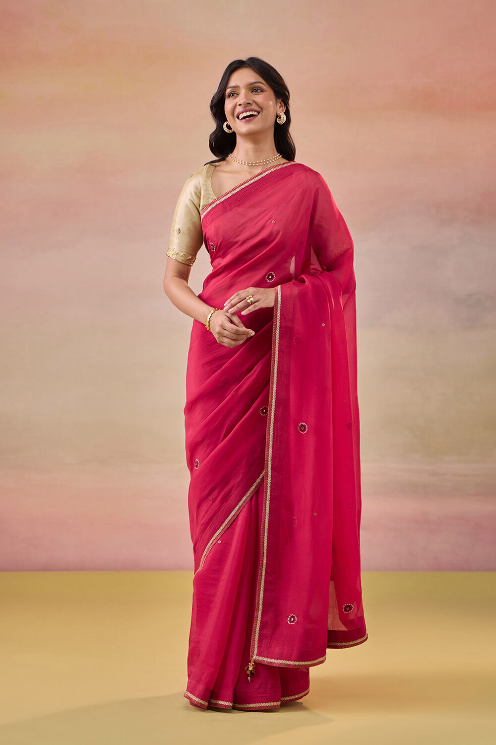 Red Viscose Organza Embroidered Saree image number null