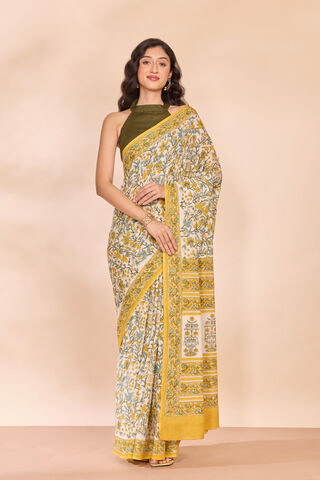 Off White Rajasthan Pure Cotton Printed Sanganeri Saree thumbnail image number null