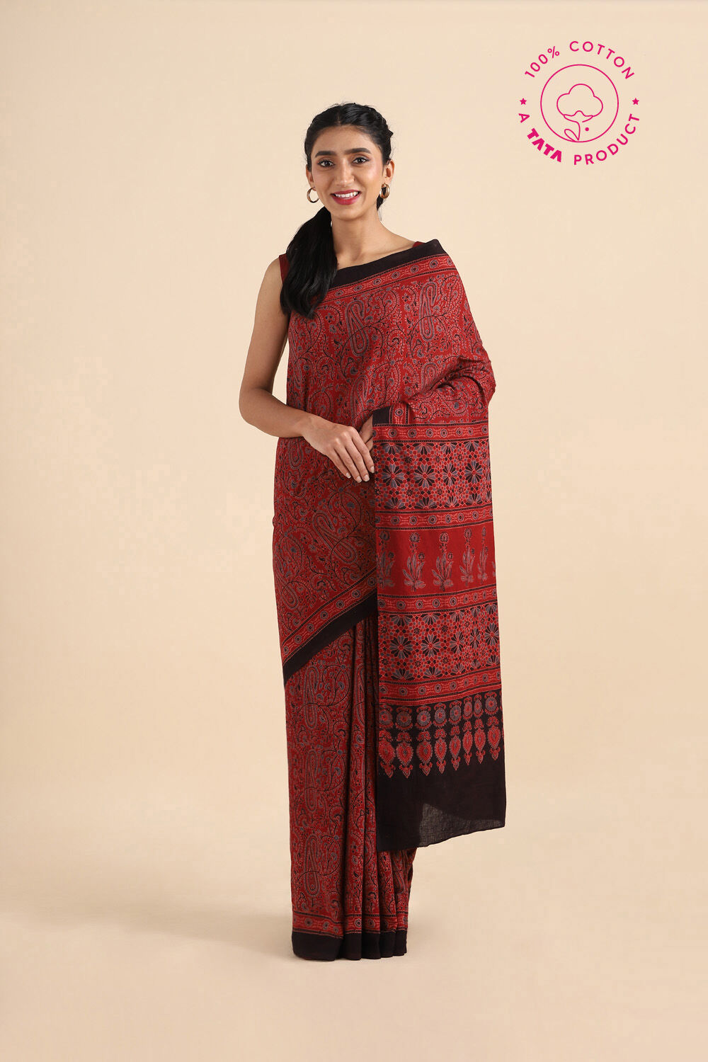 Red Pure Cotton Ajrakh Printed Saree image number null