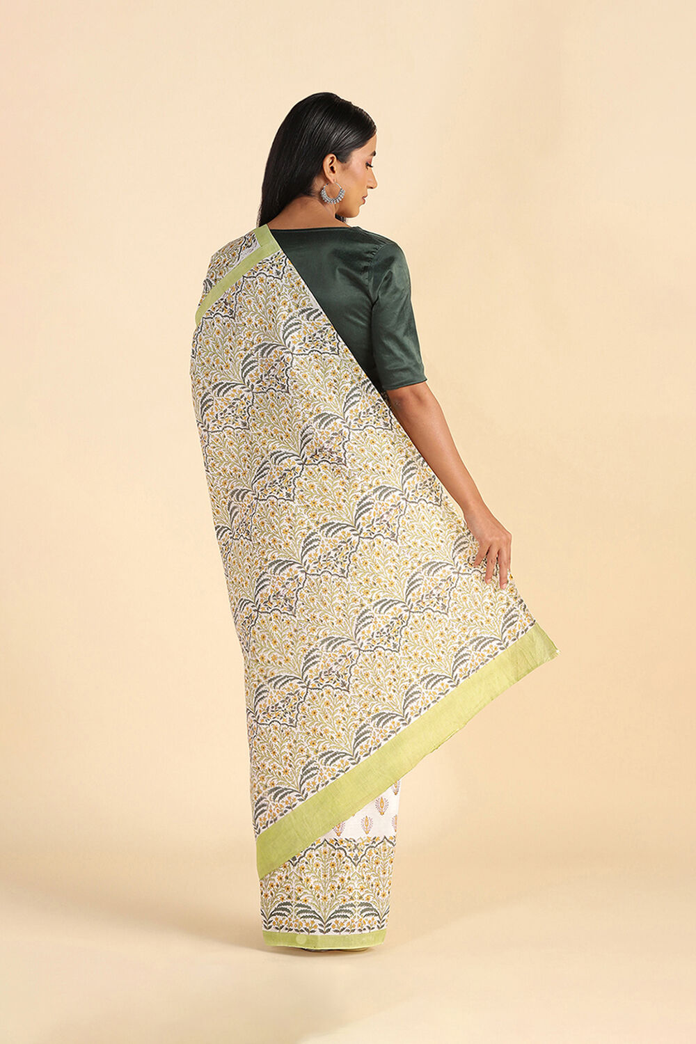 Off White Pure Khadi Cotton Block Print Sanganeri Saree image number null