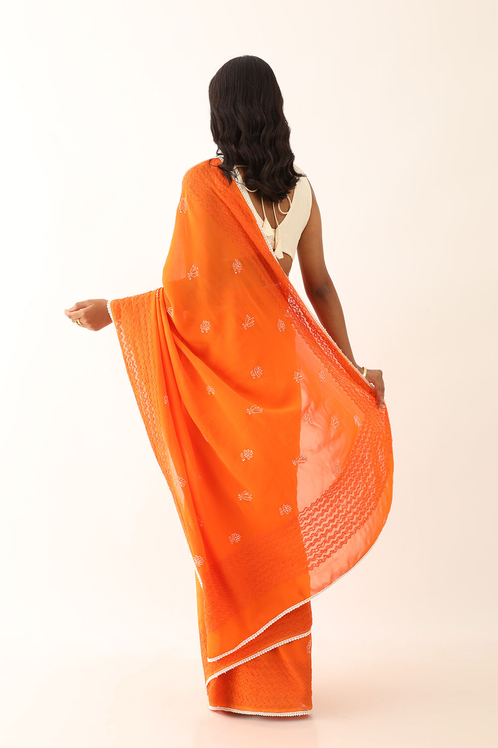 Orange Pure Silk Georgette Lucknow Chikankari Saree image number null