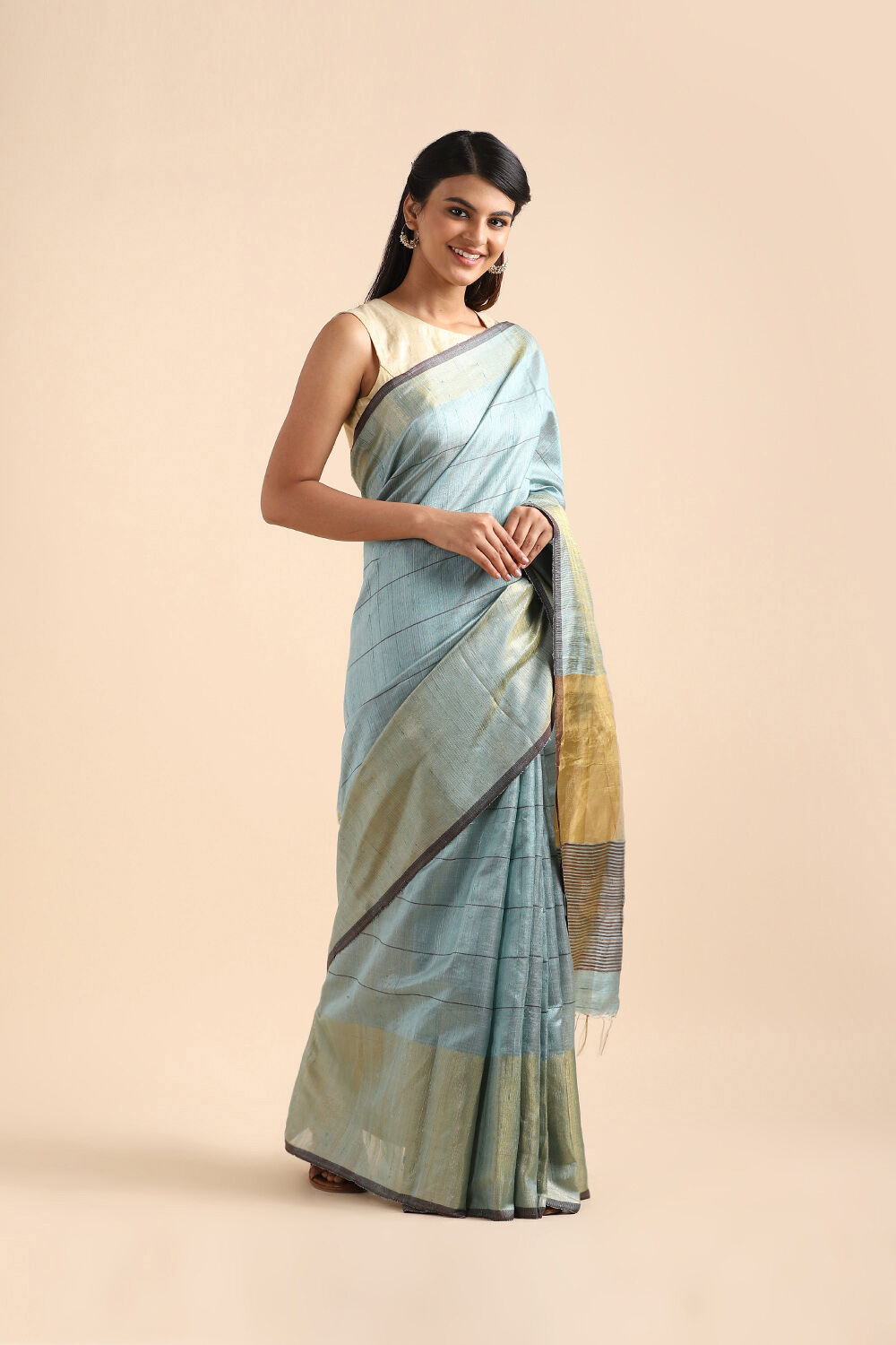 Light Blue Pure Tussar Silk Bhagalpuri Saree image number null
