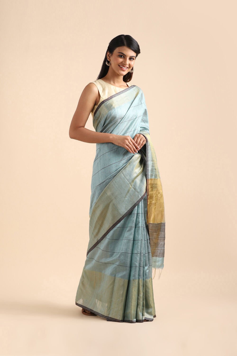 Light Blue Pure Tussar Silk Bhagalpuri Saree image number null