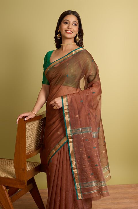 Brown Woven Pure Silk Cotton Chanderi Saree