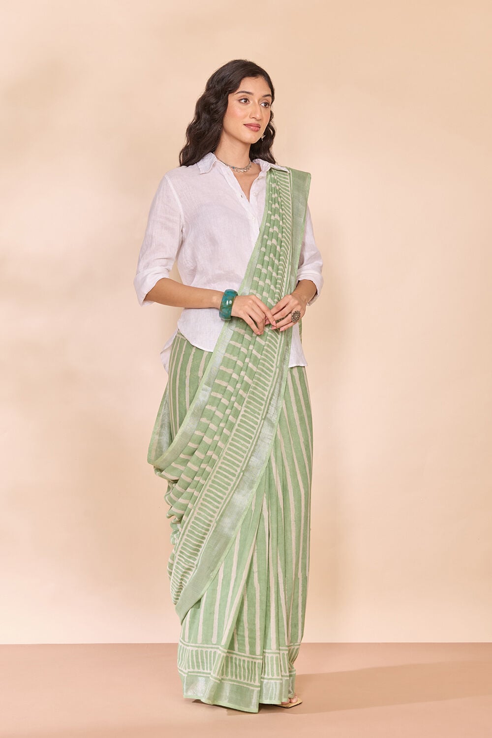 Green Bagru Viscose Cotton Dabu Block Printed Saree image number null