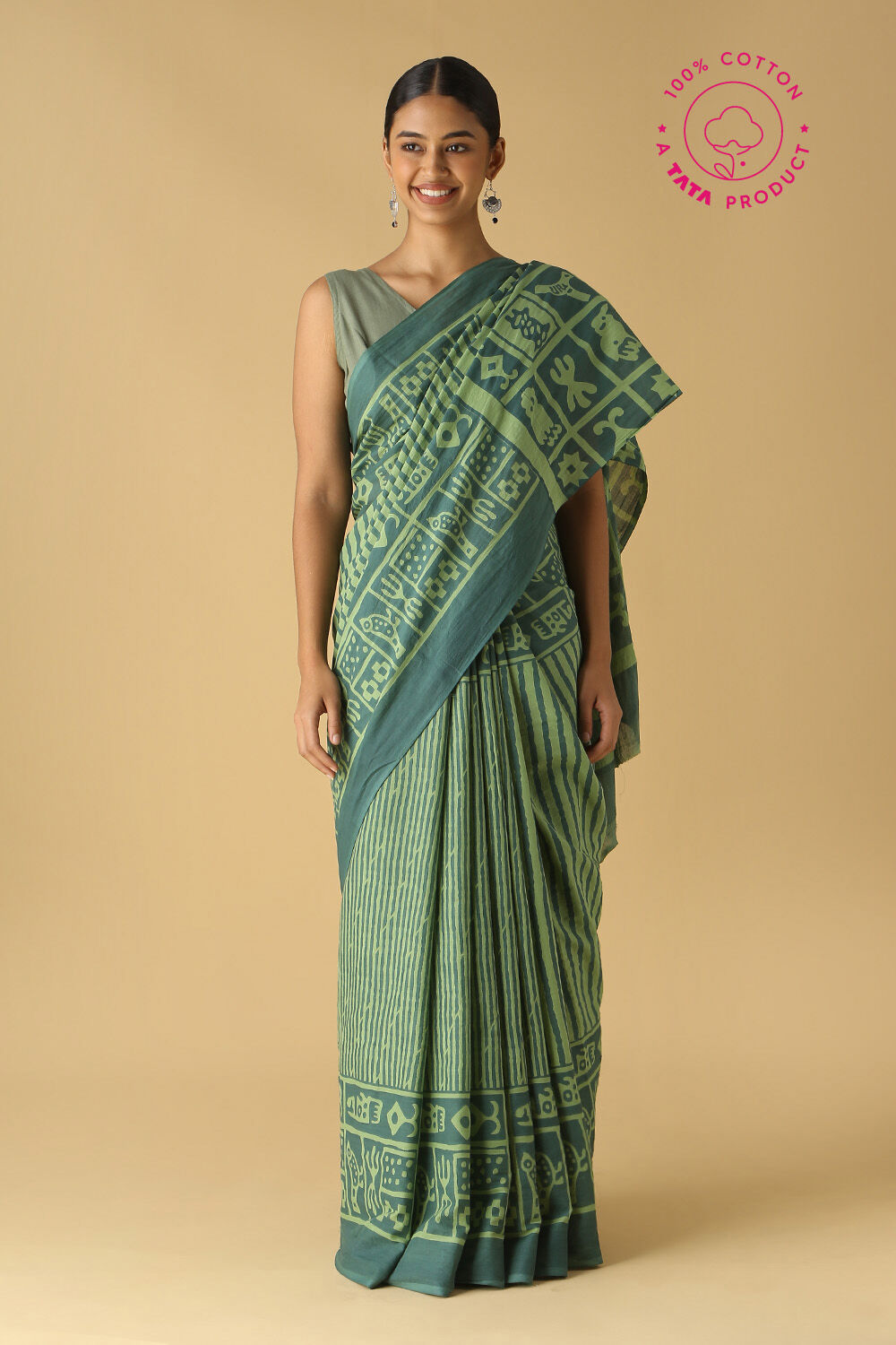 Light Green Cotton Printed Saree image number null