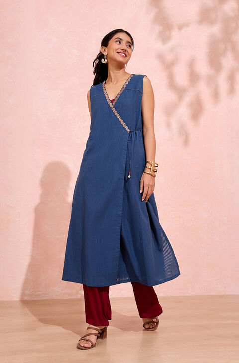 Blue Woven Pure Cotton Kurta Set