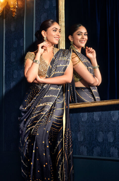 Dark Blue Hand Painted Silk Saree