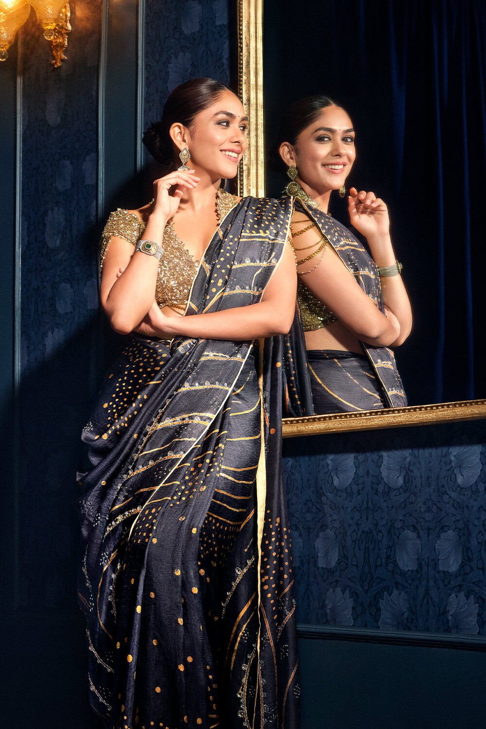 Dark Blue Hand Painted Silk Saree image number null