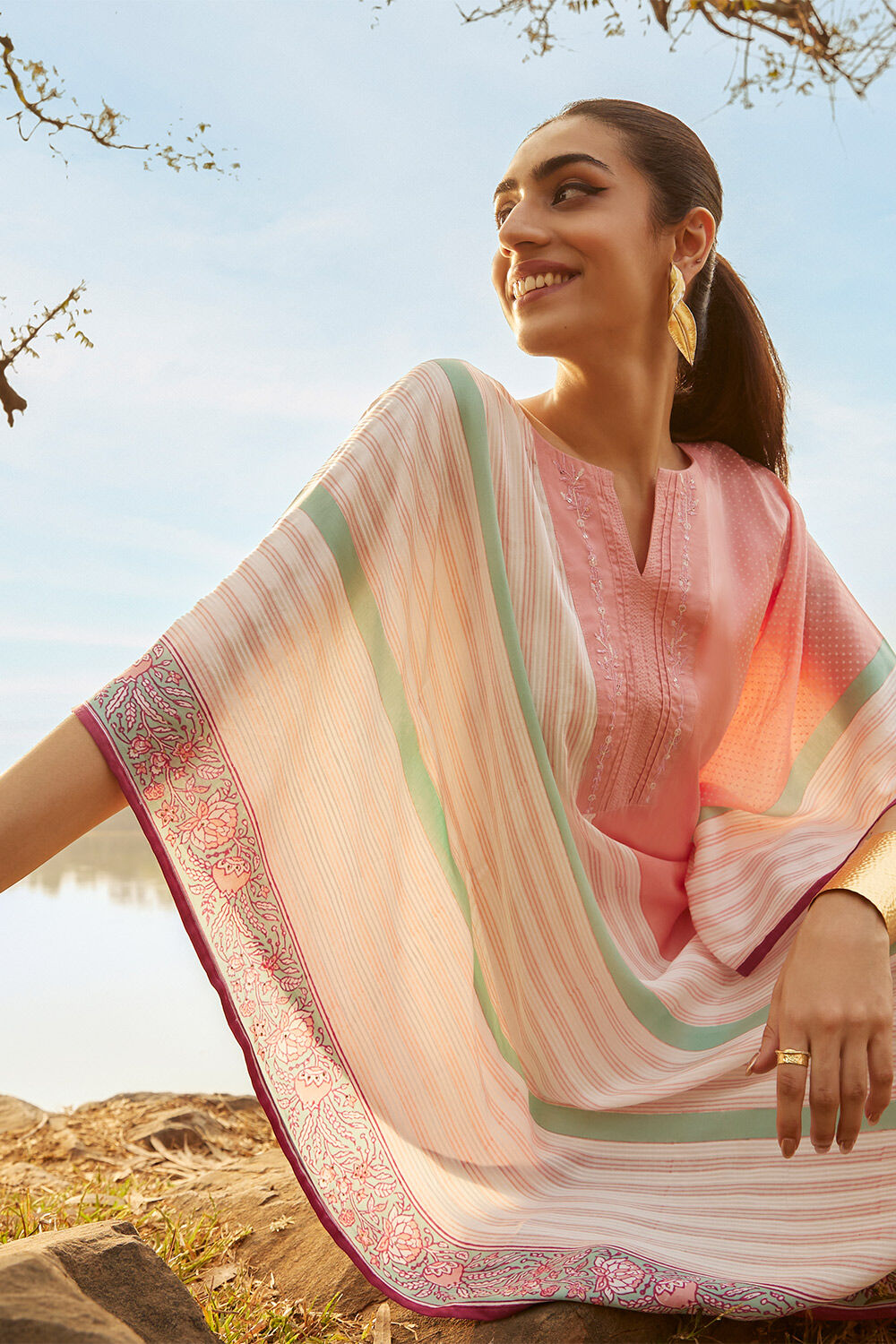 Light Pink Viscose Block Printed Sanganeri Kurta image number null