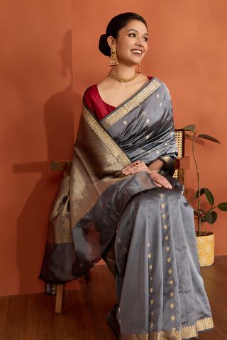 Grey Silk Viscose Cutwork Banaras Inspired Design Saree image number