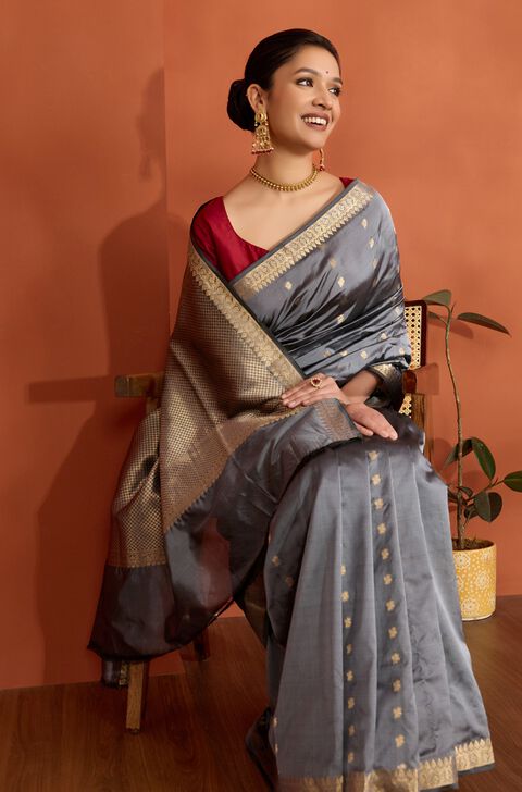 Grey Silk Viscose Cutwork Banaras Inspired Design Saree