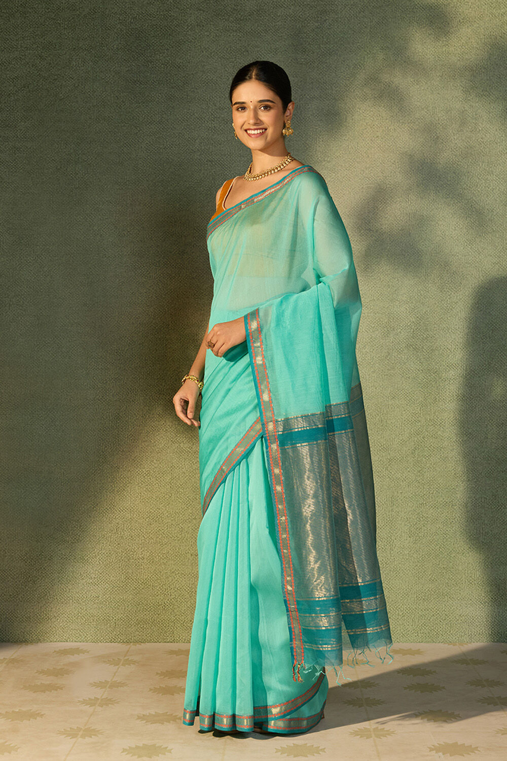 Light Blue Woven Pure Silk Cotton Maheshwari Saree image number null
