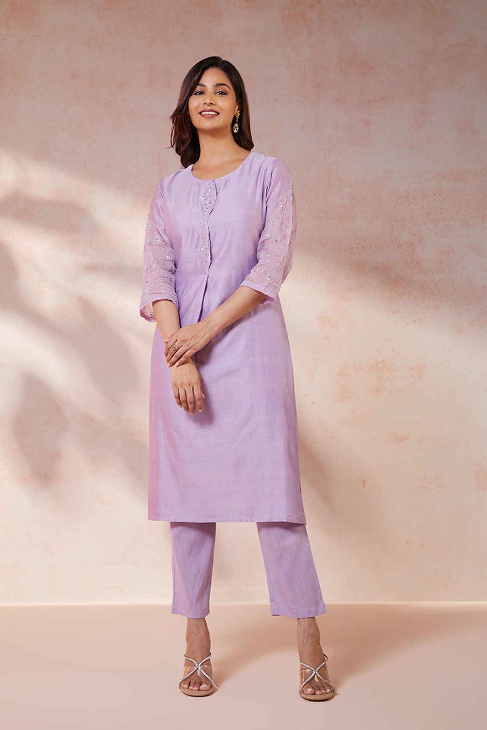 Violet Pure Silk Cotton Embroidered Kurta Set image number null
