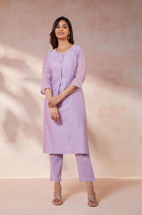 Violet Pure Silk Cotton Embroidered Kurta Set