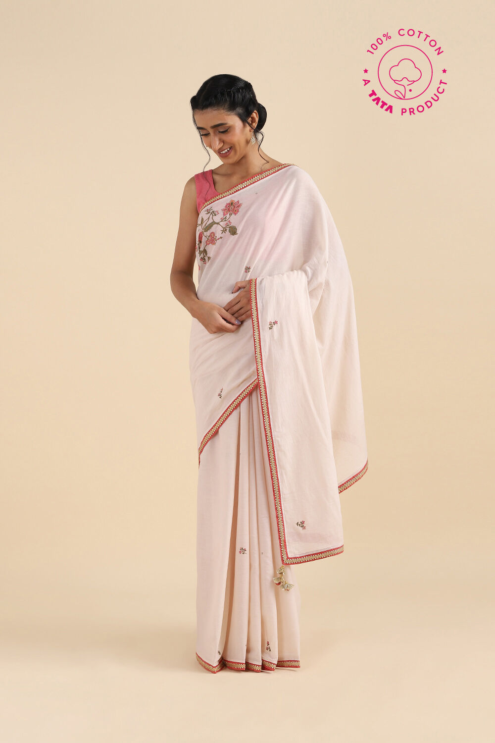 Off White Pure Cotton Embroidered Saree image number null