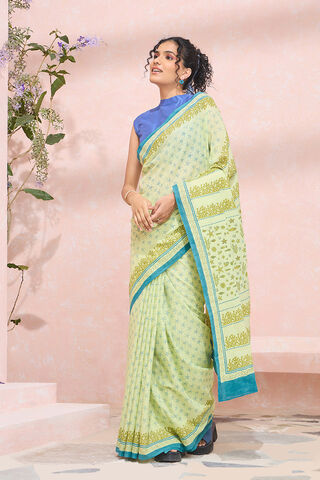 Light Green Pure Cotton Mulmul Block Printed Bengal Saree