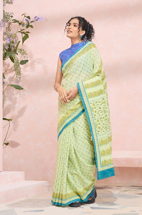Light Green Pure Cotton Mulmul Block Printed Bengal Saree