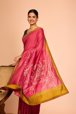 Red Embroidered Pure Tussar Silk Saree image number