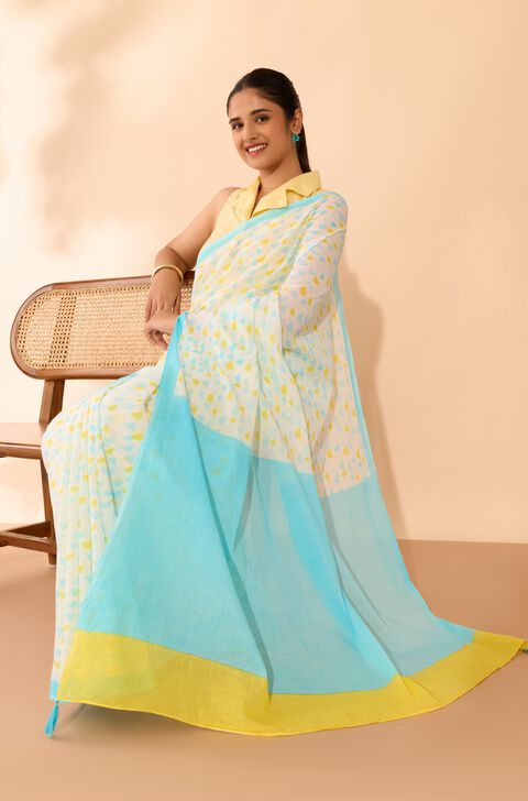Off White Screen Printed Bengal Mulmul Saree